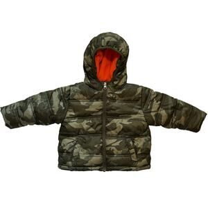 Healthtex Baby Camo Puffer Jacket 12M Orange Fleece Lined Hooded Winter Coat